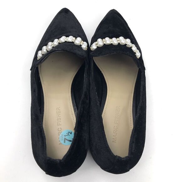 Marc Fisher Black Velvety Kneel Pearl Embellished Pointed Toe Slip On Loafer - Picture 13 of 16